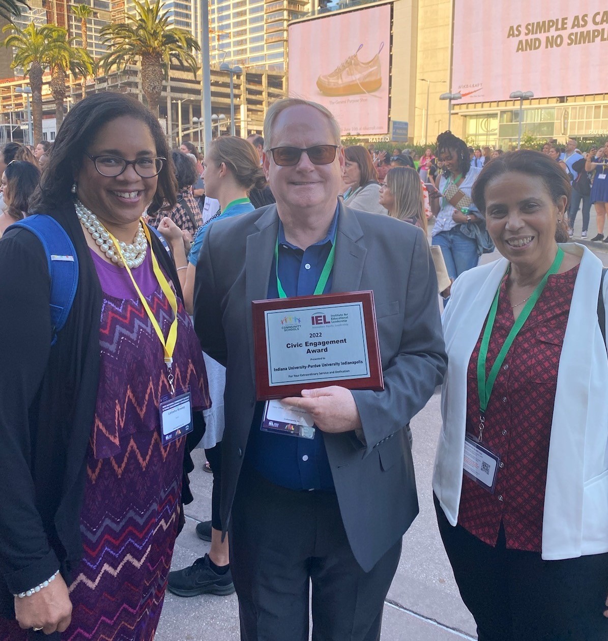 The Institute for Educational Leadership and Coalition for Community Schools honored IUPUI with the Community Engagement Award at the 2022 National Family and Community Engagement Conference in Los Angeles for decades of commitment to Community Schools and family engagement by the campus. 